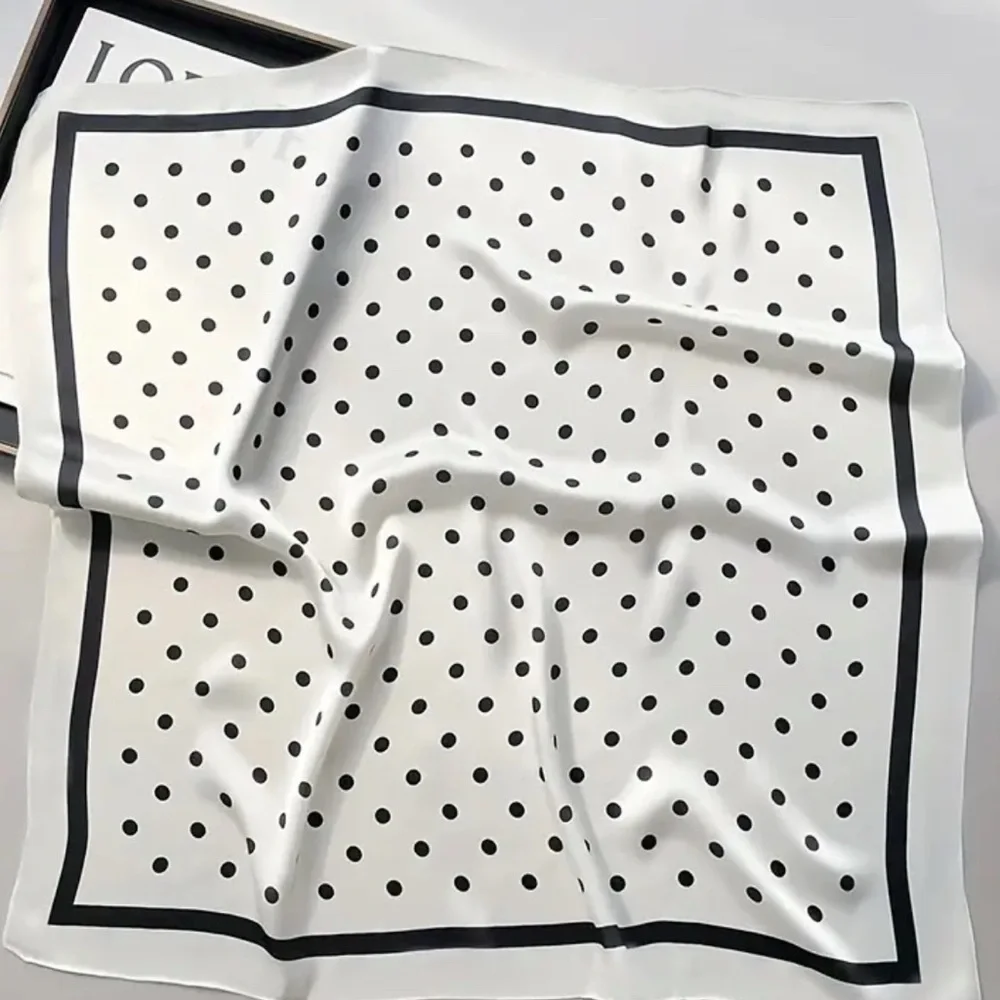 Black & Ivory Polka Dot Satin Square Scarf | Neck Scarf, Hair Tie, Bag Accent - Picture 4 of 6